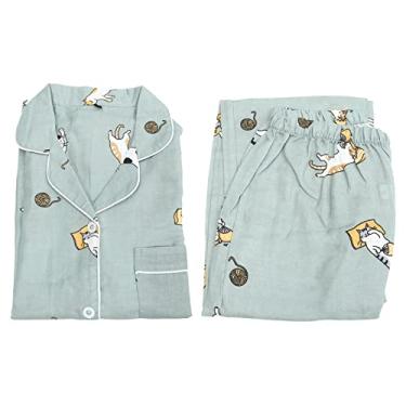 Imagem de 1 Conjunto pijama de gato de lapela camisola feminina de algodão camisas de noite femininas pijamas femininos pijamas infantis pijamas para homens camisolas de mulher em casa doce