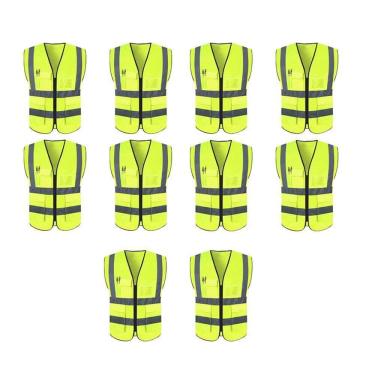 Imagem de Colete Sinalizador Kit 10 Unidades Faixa Refletivo Trabalho Epi Blusao Obra Bolsos Ziper Segurança