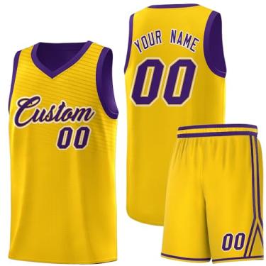Imagem de Camiseta personalizada de basquete Jersey uniforme atlético hip hop impressão personalizada número de nome para homens jovens, Amarelo e roxo-17, One Size