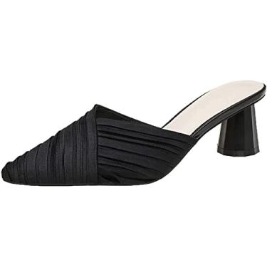 Imagem de Sandália feminina antiderrapante elegante slip on block salto grosso confortável bico fino sapatos confortáveis, Preto, 38