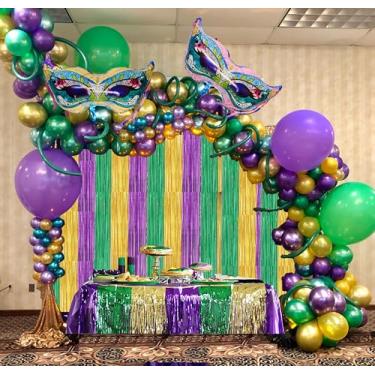 Imagem de Mardi Gras Balloon Garland Kit,111 PCS metal Purple Green Gold Balloons with Rain Curtains Background large Mardi Mask Balloons Mask Sign Foil Balloons for Mardi Gras Masquerade New Orleans Party