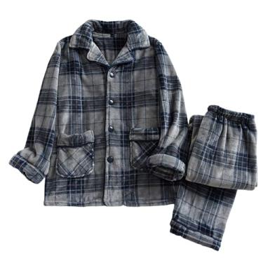 Imagem de Conjunto de pijama masculino de flanela com bolsos laterais, conjunto de pijama com estampa xadrez de 2 peças, Azul, G