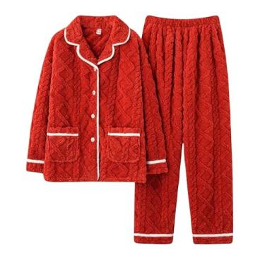 Imagem de LUBOSE Pijamas femininos confortáveis, conjunto de pijamas femininos, pijamas femininos de veludo coral, pijamas térmicos femininos, dois conjuntos de pijamas femininos, Vermelho, M