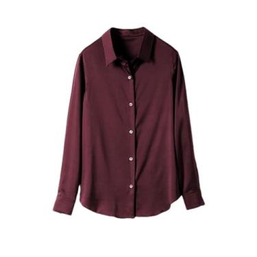 Imagem de Camisa social feminina lisa gola virada para baixo blusa chique primavera outono, Vermelho escuro, PP