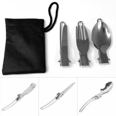 Imagem de Kit Talher de Inox Com 3 Peças Garfo Colher Faca Retrátil Para Acampamento Camping Com Estojo