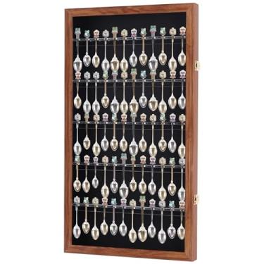 Imagem de 60 souvenir colher de chá expositor de colheres, suporte de parede para armário, proteção UV, travável (acabamento de nogueira)