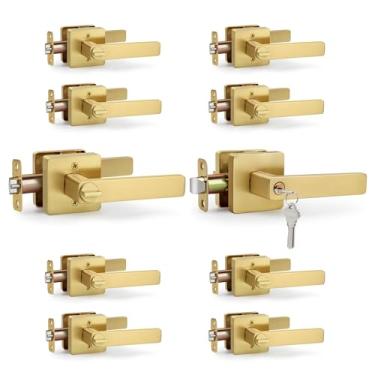 Imagem de LOQRON Alavanca de porta de entrada com chave quadrada, maçaneta de porta resistente dourada escovada com chave para porta de entrada, pacote com 10 maçanetas reversíveis para porta direita/esquerda,