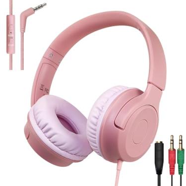 Imagem de Fones de ouvido infantis com fio com microfone embutido, limitador de volume seguro de 85/94 dB, dobrável, conector de 3,5 mm, fone de ouvido para estudo/viagem online, compatível com tablet, iPad, PC