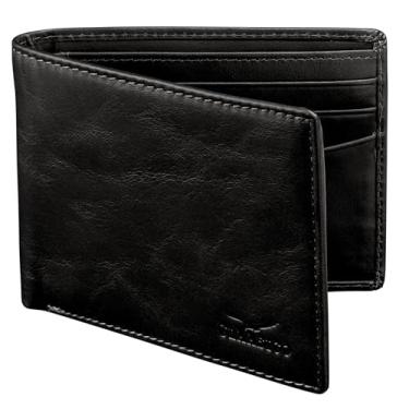 Imagem de Claasico Carteira masculina dobrável para homens – Carteira de couro genuíno RFID, porta-cartão fino com janela para identidade – Caixa de presente incluída, Couro preto liso, Small, Carteira