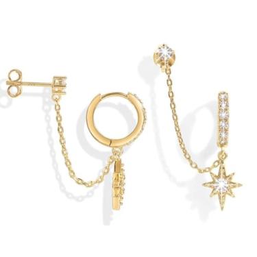 Imagem de UAIAGM Brincos de corrente femininos de ouro 14 quilates com piercing duplo com punho e pino conectados conjunto de joias de dois furos, brincos empilháveis para cartilagem de primeiro e segundo