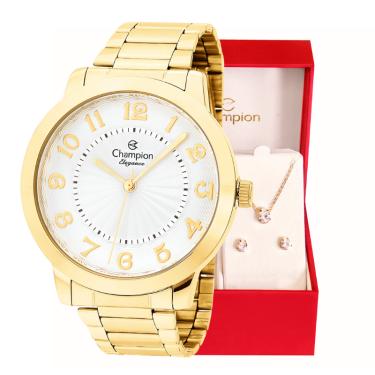 Imagem de Relógio Feminino Dourado Champion Elegance CN25118W Prova D Agua + Colar e Brincos
