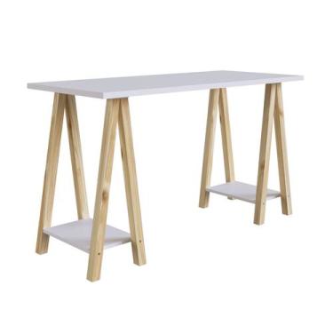 Imagem de Escrivaninha Cavalete Studio 2 Prateleiras 136cm Branco E Madeira Pinu