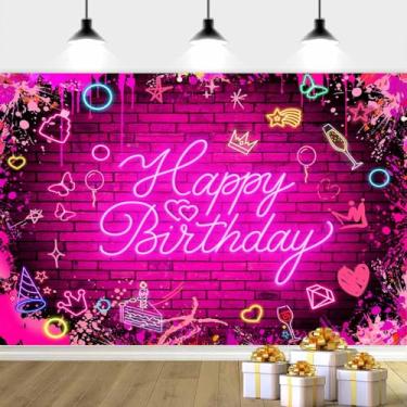 Imagem de Fundo de aniversário rosa de 1,8 x 1,5 m, fundo de festa de aniversário rosa, decoração de fundo de aniversário de grafite colorido neon, decoração de aniversário para crianças, adultos, mulheres,