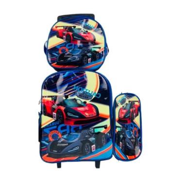 Imagem de Mochila Infantil Rodinha Carros Azul Lancheira Estojo Menino