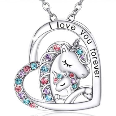 Imagem de BlingNuts Colar de unicórnio I Love You Forever com pingente de coração de cristal joias para filha, neta, sobrinha, aniversário, Natal, F, Aço inoxidável, Sem Pedra Preciosa
