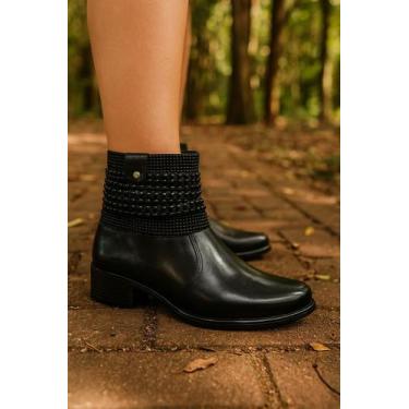 Imagem de Bota Feminina Preta Cano Curto Brilho Aplicações Elegante Moda Salto B
