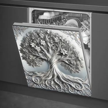 Imagem de BlissYard Capa de ímã de máquina de lavar louça, árvore da vida, prata, 3D, painel de pele, vintage, prata, adesivo de porta de metal da vida, capa magnética para eletrodomésticos, lava-louças