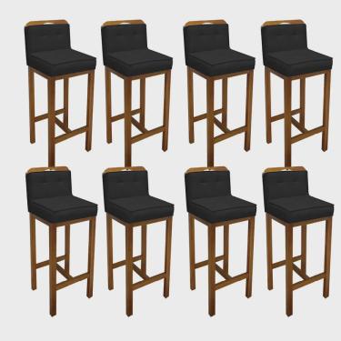 Imagem de Kit 08 Banqueta Alta Com Encosto Agnes Cozinha Balcão Bistrô Base Madeira Rústico Corino Preto - Ahz Móveis