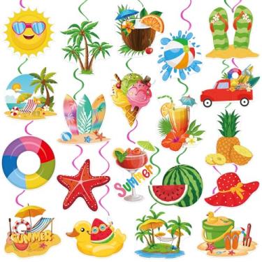 Imagem de 40 peças de redemoinhos para pendurar na praia na piscina de verão, decorações coloridas de redemoinho para pendurar no teto para decoração de festa de aniversário na praia do Havaí