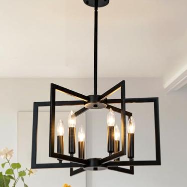 Imagem de LOFTPLUS Lustre Preto Para Sala De Jantar, Luminária De 6 Luzes, Moderno, Estilo Fazenda, Geométrico, Metal, Industrial, Lustre Para Entrada, Cozinha, Ilha, Hall De Entrada, Luminárias