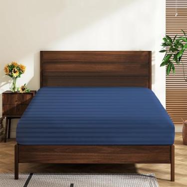 Imagem de Lençol King Size 100% algodão egípcio 600 fios com bolso profundo de 40,6 cm, ultramacio, de luxo, durável, respirável e confortável (1 lençol com elástico king, azul marinho listrado)