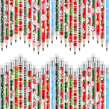 Imagem de Lápis de Natal a granel para crianças Lápis de madeira de inverno colorido com borracha Lápis de neve, Papai Noel e alce Lápis de Natal Papelaria para artigos de festa de escritório e escola, 12 estilos (96 peças)