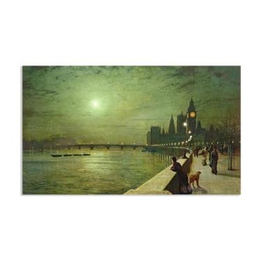 Imagem de Reflexões sobre o Tâmisa Westminster por John Atkinson Grimshaw Tela Pintura a Óleo Pano de Fundo Decoração de Parede Decoração de Casa 50 x 30 cm (20 x 12 pol) Sem Moldura