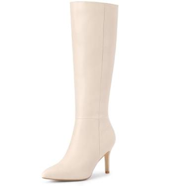 Imagem de Allegra K Botas femininas de salto alto bico fino salto agulha cano alto, Creme, 39