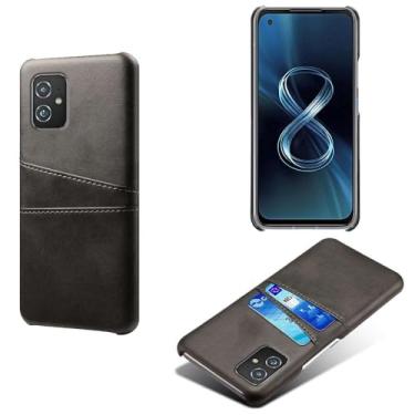 Imagem de Capas Compatível com ASUS Zenfone 8 ZS590Ks,Caso de couro PU-Tampa de telefone a prova de choque com 2 slots de cartão,Proteção anti-impressão digital e anti-gota-Black
