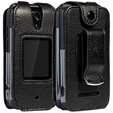 Imagem de Capa para telefone flip Schok 2019, marca Nakedcellphone [couro vegano preto] capa com [proteção de tela embutida] e [clipe de cinto de metal] para telefone flip clássico Schok (SC3218)