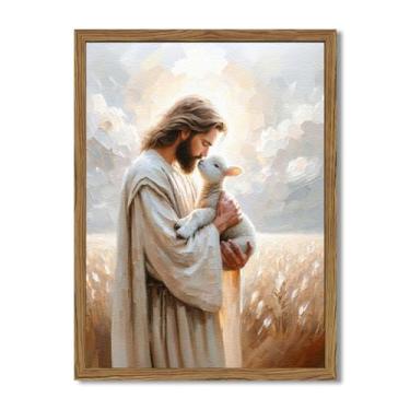 Imagem de Arte de parede emoldurada de Jesus e Cordeiro, pinturas de decoração de parede cristã de arenito texturizado 3D O Cordeiro Perdido, Jesus deixa as 99 ovelhas, imagens impressas, decoração de casa para