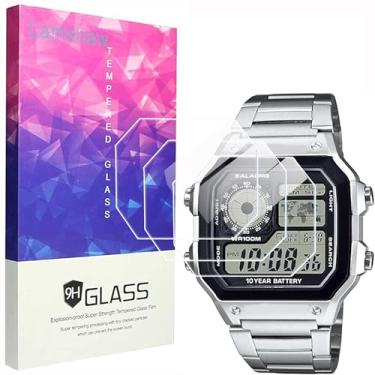 Imagem de Lamshaw Película protetora de tela para relógio AE-1200WH, [pacote com 3] Película protetora de tela de vidro temperado 9H compatível com Ca-sio AE-1200, AE-1200WH, AE-1300 (pacote com 3)