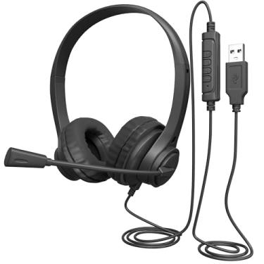 Imagem de Fone de ouvido USB-A com fio com microfone giratório, controle de volume, controles de mudo para microfone e alto-falante, faixa de cabeça ajustável, almofadas de couro, cabo de 2 metros, leve, para