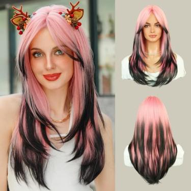 Imagem de 7JHH WIGS Peruca longa ondulada rosa e preta em camadas com franja de cortina, cabelo sintético resistente ao calor de alta densidade peruca reta termina tingida de preto para festa diária 63 cm