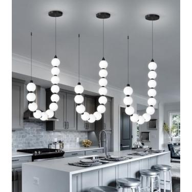 Imagem de Lustres modernos com luz LED regulável, bolas de acrílico, iluminação pendente de teto para sala de estar, sala de jantar, quarto, luzes suspensas ajustáveis, lâmpada preta de 25 watts