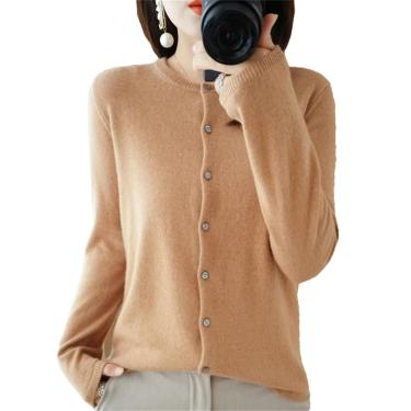 Imagem de Mulheres O-neck Cashmere Cardigan Suéter Sólido Cashmere Cardigan De Malha, Golden Khaki9, M