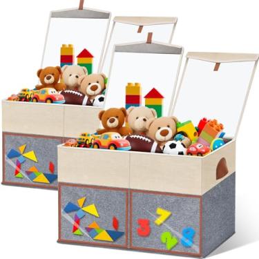 Imagem de LVGOATH Pacote com 2 caixas grandes de armazenamento de brinquedos com tampas transparentes, organizador de brinquedos dobrável com divisórias ajustáveis, cesto de armazenamento infantil para meninos