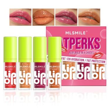 Imagem de Conjunto de 4 cores de óleo labial gordo, escova grande, hidratante labial, brilho labial, brilho labial, brilho labial, brilhante, brilhante, óleos labiais volumosos, não pegajosos, de longa duração