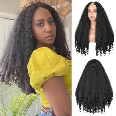 Imagem de Peruca Afro Curly V Parte Sintética Yaki Encaracolado Meia Perucas para Mulheres Negras Sem Cola Parte U Peruca com Parte Inferior Bouncy Cachos Blowout 4C Estilo de Cabelo Preto Natural 55 cm