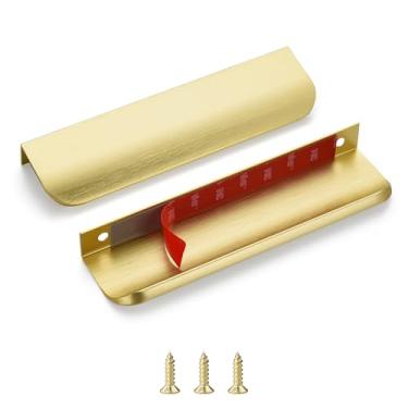 Imagem de sunlithor Puxadores de dedo de borda para armários, descasque e cole na gaveta da cozinha, invisível, autoadesivo, plano sem broca, pacote com 10 alças de latão escovado, comprimento total de 15 cm