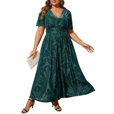 Imagem de Vestido feminino Simplee com decote em V plus size de veludo 2GG verde