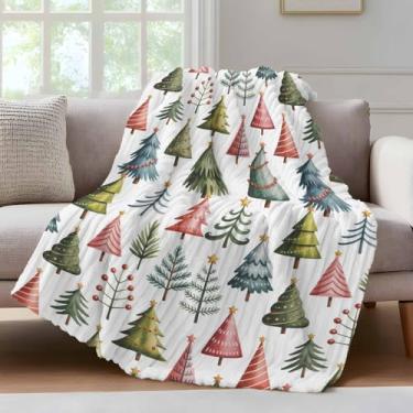 Imagem de Cobertor listrado, árvore de Natal, estilo desenho animado, cobertor de lã 127 x 152 cm, árvores de Natal coloridas, macio, aconchegante, flanela, cobertores leves para sofá-cama e sofá