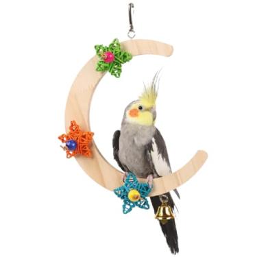 Imagem de Poleiro de pássaro com estrela de vime colorida para mastigar, giro balanço de madeira em forma de lua, anel de pendurar, ramo de pássaro, brinquedos de papagaio para calopsita conure, periquito