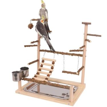 Imagem de Suportes para brincar de pássaros de madeira natural com escada e balanço para calopsitas – Parrot Perch Stand Playground com bandeja removível e 2 copos de aço inoxidável