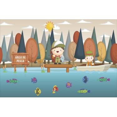 Imagem de Painel de Tecido Sublimado Menino Cute Pescador no Tablado Peixes Colo