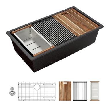 Imagem de Sarlai Pia de cozinha composta de granito 33 – 83 x 48 cm de granito embaixo da pia da cozinha estação de trabalho sob a montagem de quartzo branco clássico pia única bacia sob bancada com acessórios