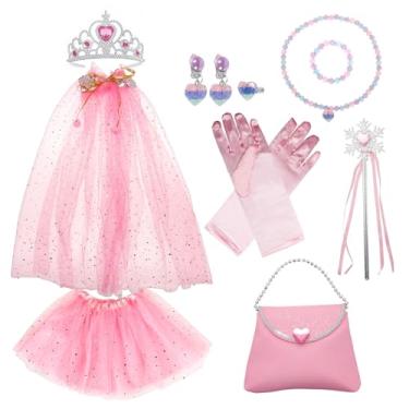 Imagem de Roupas de princesa, 11 peças, fantasia de princesa, colar de saia com capa de menina, capa de princesa com brinquedos de coroa de criança (rosa)
