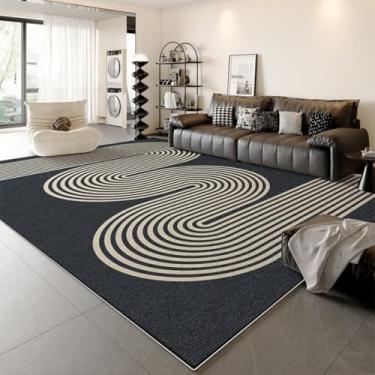 Imagem de Tapete listrado azul-escuro creme, geométrico, decorativo, fácil de limpar, com linhas artísticas, para sala de estar, confortável, para quarto (240 x 360 cm (94 x 142 pol.)/AX040-3-B)