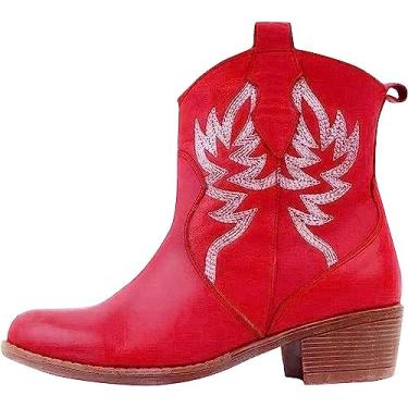 Imagem de Botas de cano curto estilo caubói ocidental bordadas, retrô, sem fecho, salto médio, cano médio, bico redondo, Vermelho, 35 BR