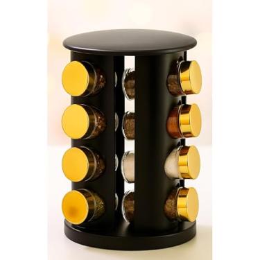 Imagem de Porta Temperos Giratório 12,16,20 Potes – Vidro com Tampa Vedação, Base Inox e Caneta Marcadora (Porta Temp 16 Preto e Dourado)